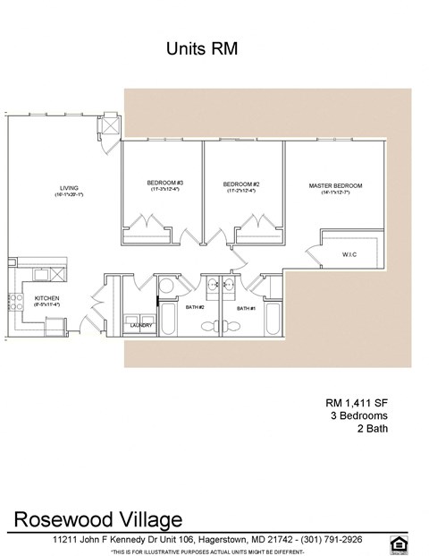 Floor plan for 3 beds, 2 baths, 1411 sqft